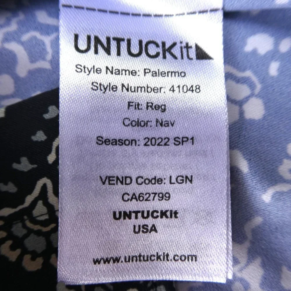 Untuckit USA Floral Shirt Short Sleeve Button Front Palermo Reg Fit Navy Medium